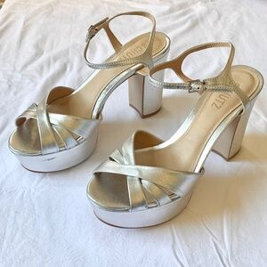 Schutz Keefa Platform Leather Sandals Silver US7